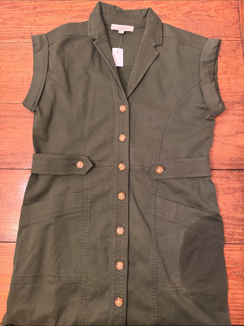 LOFT Olive Green Button-Front Utility Midi Dress
